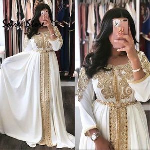 Caftan Marokko Avondjurken Wit Abaya Dubai Formele avondjurken met mouwen Een lijn Beaded Applique Prom Dress Muslim 2020 LJ201118