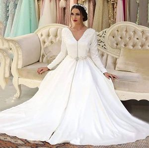 Caftan Wit Satin Morocca Lange mouwen Appliques knop Islamitische Dubai Saoedi -Arabische avond Abaya Prom -jurk