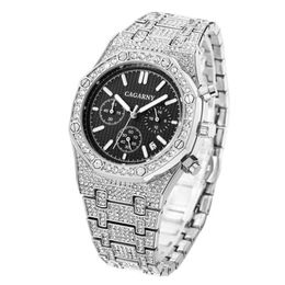 Cagarny plein diamant hommes montres Hip Hop glacé hommes montre-bracelet à quartz argent Bling étanche mâle horloge chronographe Re251P