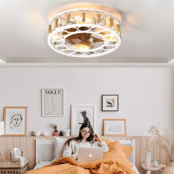 Ventilateur de plafond en cage avec télécommande, ventilateurs de plafond modernes semi-encastrés, pales réversibles à 6 vitesses, 4 ampoules LED incluses (blanc cassé)