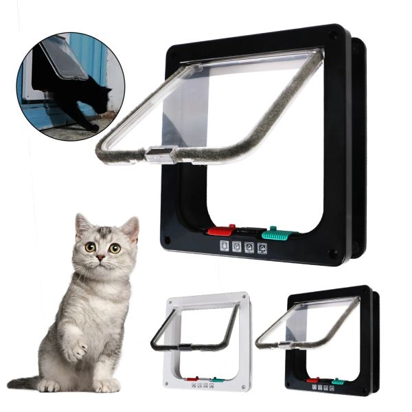 Jaulas ABS Plástico Perro Puerta con solapa para gatos Pequeños suministros para mascotas Gato Cachorro Puerta de seguridad para perro Gato Gatito con cerradura de 4 vías Puerta con solapa de seguridad