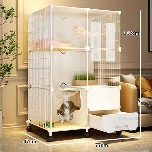 Cages Cat Cages Home Indoor Cat Litter Box Integrated Cat House Simple Cat Villa Toilet Super Large Space Free Pet Products pour animaux de compagnie Cage
