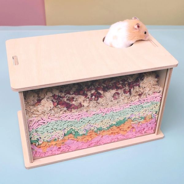 Cages Hamster fenêtre transparente 6 cm trou maison en bois cachette cochons d'Inde récipient de bain petits animaux bac à litière de sable produits pour animaux de compagnie