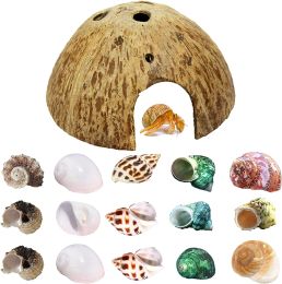 Kooien Heremietkreeft Shell Groei Schelpen Set, Natuurlijke Kokosnoot Schelpen, Hut voor Aquarium Decor, Verbergen Reptielen Schuilplaatsen, 15 + 1