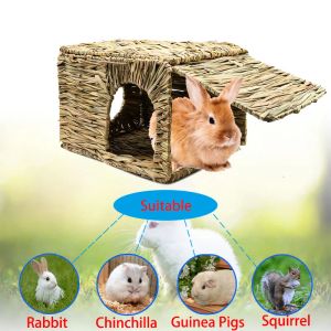 Kooien Groot grashuis voor konijnen Opvouwbare geweven strohut met dubbele openingen Speelhuisje Chinchilla Cavia Grasnest Huisdierhuis
