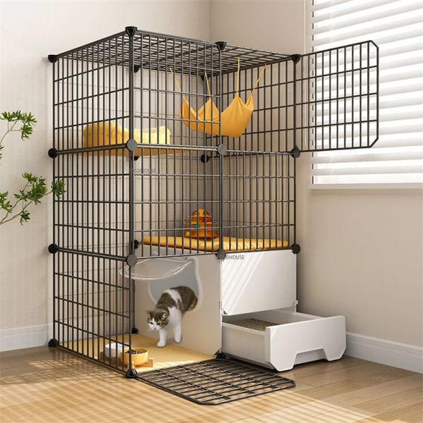 Jaulas Jaula para gatos de hierro simple y moderna, casa para gatos de interior, gran villa de lujo para gatos con caja de arena para gatos, inodoro, espacio de gran tamaño, suministros para jaulas para mascotas