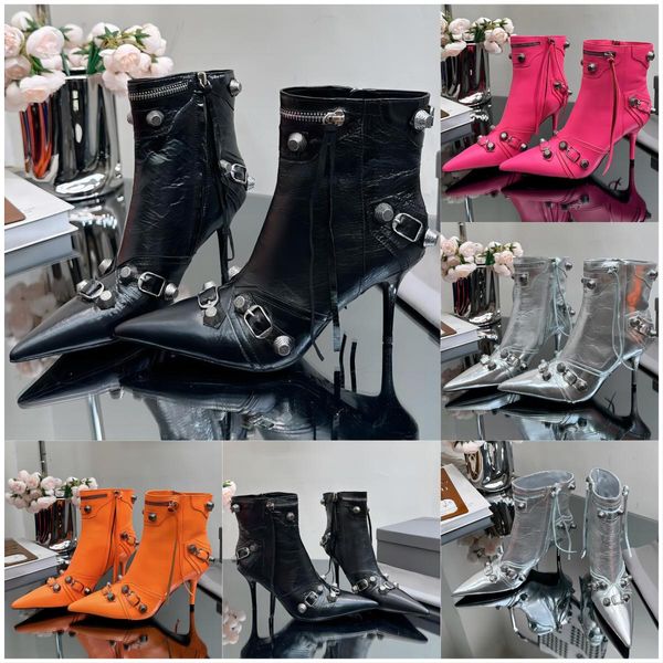 Cagole Boot Designer Metallisierte Silber Spike Metall Halbstiefel Frauen Seitlicher Reißverschluss Sexy Mode High Heels Luxus Motorrad Booties