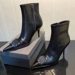 Cagole Bootie Negro Mujer Tacón de aguja Botas de moda Mulas Lagarto Cuero genuino Punta estrecha Botines con cremallera Diseñador de lujo Calzado de fábrica Con caja