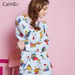 Caiyier dames mignon imprimé pyjamas ensemble coton dessin animé à manches longues vêtements de nuit décontracté col rabattu hiver Corée fille vêtements de nuit Y200708