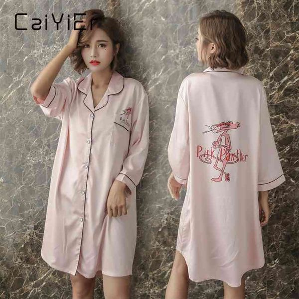 CAIYIER Soie Sexy Nuit Robe Femmes Vêtements De Nuit Rose Coquin Imprimé Léopard Lingerie Robe De Nuit D'hiver Nuisette Pour Dames M-2XL 210831