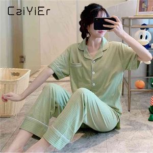 Caiyier zomer herfst vrouwen nachtkleding effen korte mouw broek elastische taille causale pyjama set voor dames pijamas loungewear 210901