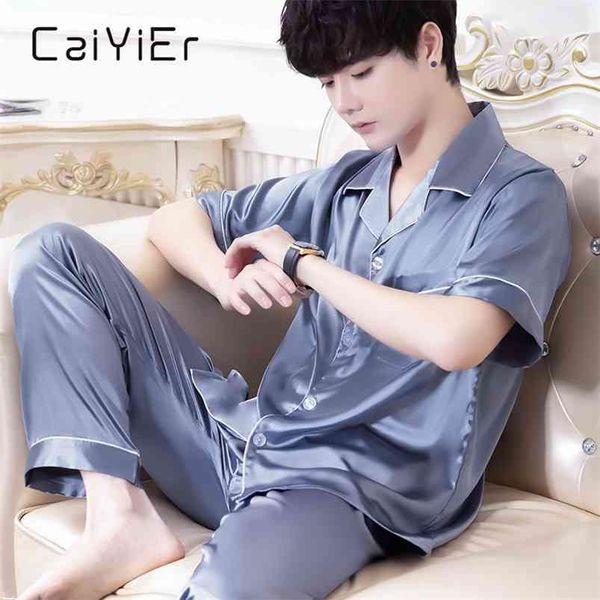 Caiyier Summer Hommes Pyjamas Ensemble à manches courtes Bleu Mâle Vêtements de nuit Doux Casual Mode Soie de nuit pour hommes Pantalons longs Loungewear 210901