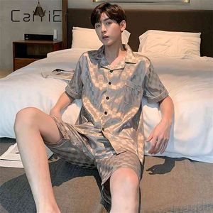 CAIYIER Summer Men's Ice Soie Pyjamas Short à manches courtes Gentleman Vérifié Imprimer Satin Vêtements de nuit Casual Man Rayon Homewear Costume 210901