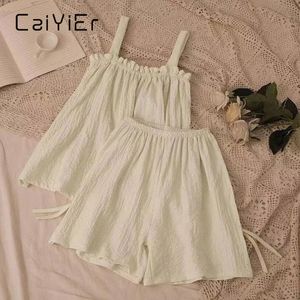 Caiyier Summer Sweet Korean Girls Pyjamas Set Gauze Cotton Kawaii Sleeping For Women Lingerie Viete de lingerie Shorts de maison 240402