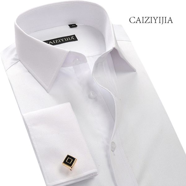 CAIZIYIJIA 21 solide hommes robe chemise de haute qualité à manches longues français manchette mariage chemise blanche avec boutons de manchette grande taille