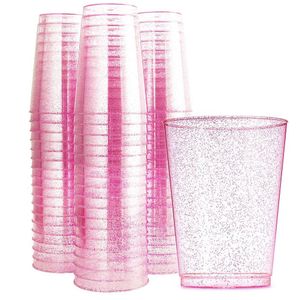 Taart Tools 12 oz Wegwerpbeker Transparant Gouden Roze Glitter Plastic Retro Glas Bruiloft Banket Verjaardagsfeestje Servies Benodigdheden 230620