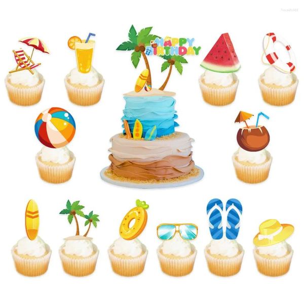 Outils de gâteau 13 pièces/ensemble, thème de vacances à la plage d'été, ensemble d'insertion d'anniversaire, fournitures de fête à la piscine hawaïenne, Toppers