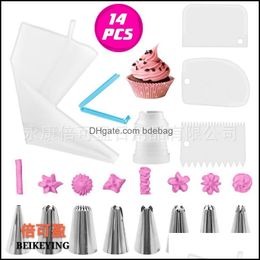 Cake Tools 14 PCS Pak Cake Nozzle Bag Clip Kleine converter schraper Kit Roestvrij stalen bakbloemdecoratie Gereedschappen MTI Kleur Dhr9e