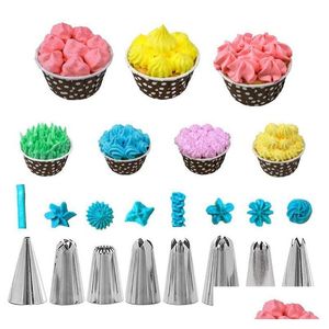 Herramientas para pasteles 14 piezas Traje Boquilla para pasteles Bolsa Clip Pequeño convertidor Raspador Kit Acero inoxidable Hornear Flor Decoración Utensilios Mt Dhgarden Dhzrw