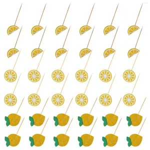 Taartgereedschappen 36 stuks bruiloftsdecoraties ceremonie zomer inzetstukken fruit tandenstoker 13x5,8 cm citroen dessert toppers geel papier banket