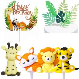 Taartgereedschappen 6 stks/pak Jungle Cake Toppers Set Kind Verjaardagstaart Decoratie Safari Dieren Giraffe Leeuw Zachte Klei Schildpad Bladbenodigdheden 231130