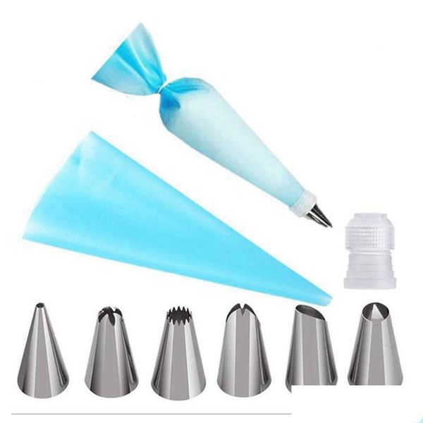 Outils de gâteau 8 pièces/ensemble accessoires de cuisine Sile glaçage Pi crème sac à pâtisserie avec 6 buses en acier inoxydable bricolage conseils de décoration ensemble goutte De Dhrpz