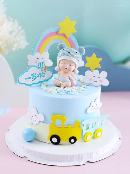 Outils de gâteau bébé 100e anniversaire fête Topper décoration dessert cupcake arc-en-ciel nuage train dessin animé vache tigre cuisson habillage fournitures