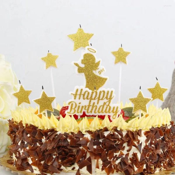 Outils de gâteau, bougie décorative de fête d'anniversaire, couleur dorée, amour, étoile à cinq branches, fournitures à long poteau