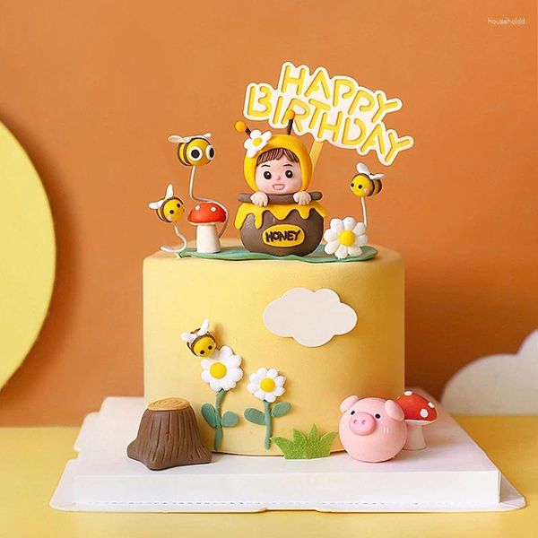 Herramientas para pasteles, suministros de decoración de animales de dibujos animados, adornos de feliz cumpleaños con miel de abeja de fieltro para decoración de letreros