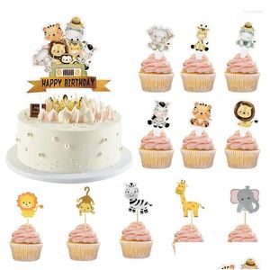 Outils de gâteau Cartoon Animaux Topper Jungle Safari Girafe Tiger Monkey Elephant Cupcake Joyeux anniversaire Fête de baby Shower Supplies Dropw