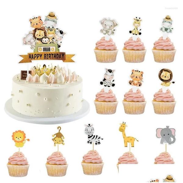 Herramientas de pastel de dibujos animados de dibujos animados topper jungle safari jirafa tigre monkey elefante cupcake feliz cumpleaños fiesta suministros de baby shower got dhozm