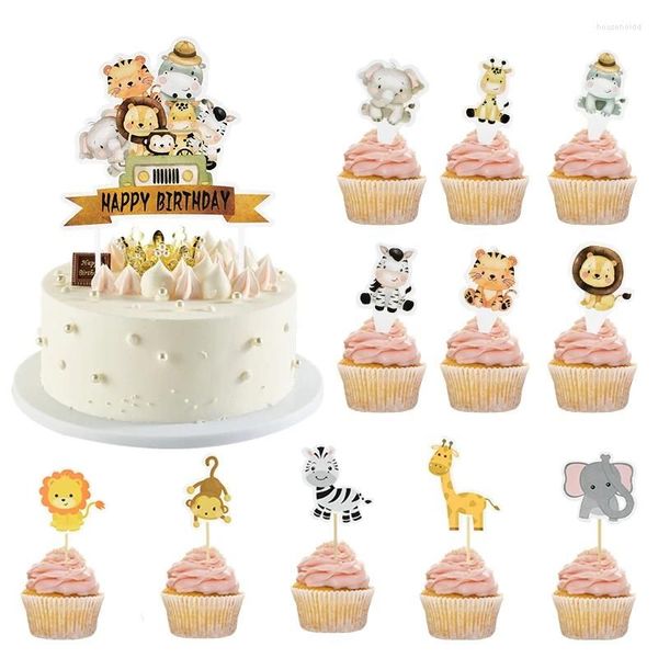 Herramientas de pastel de dibujos animados de dibujos animados topper jungle safari jirafa tigre mono elefante cupcake feliz cumpleaños fiesta baby shower suministros axxul