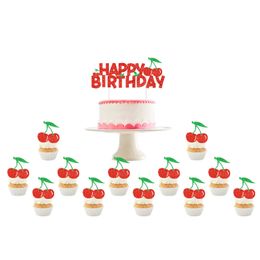 Outils de gâteau Décorations de gâteau d'anniversaire à la cerise Glitter Joyeux anniversaire Cake Topper Cherry Cupcake Toppers Filles Fruits Fournitures de fête d'anniversaire 231130