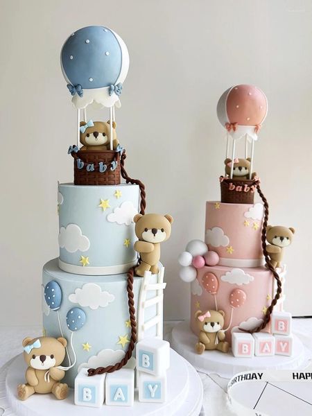 Outils de décoration de gâteaux, révélation du sexe, ornements de voiture pour réception-cadeau pour bébé, décoration de dessin animé, poupée ours rose et bleu, garçon et fille, joyeux 1er anniversaire