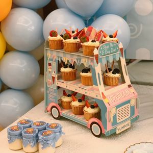 Outils de gâteau Support de gâteau en forme de bus à deux étages Support de cupcake de BUS Chariot de crème glacée Tables de desserts d'anniversaire pour enfants Décor de fête 231129