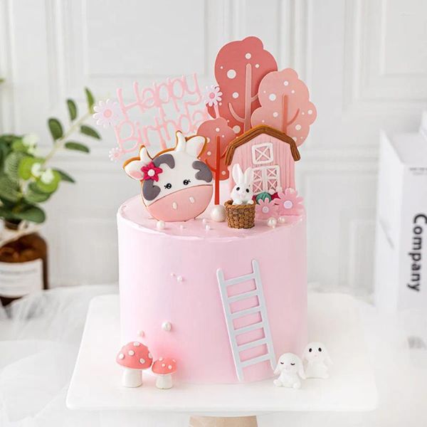 Outils de gâteau rose pour enfants, décoration d'anniversaire pour enfants, ornements en poterie douce, dessin animé mignon, vache enfichable, cuisson en résine, décoration de fête heureuse