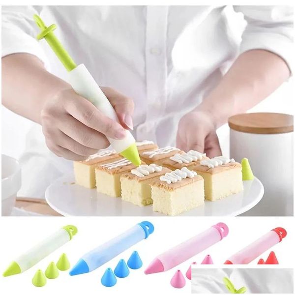 Herramientas para pasteles Sile Food Write Pen Chocolate Decoración Molde Crema Glaseado Pi Pastelería Accesorios de cocina con 4 boquillas Yfa1955 Drop Deliver Otfnc