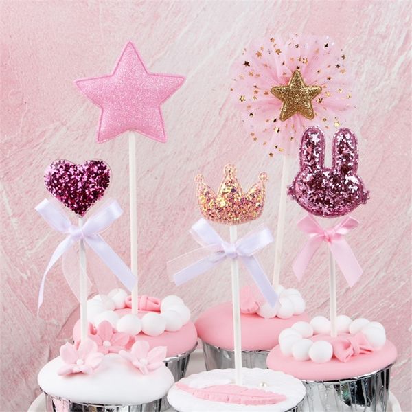 Cakelove 5 pcs / lot rose étoile coeur couronne gâteau d'anniversaire topper cupcake décoration bébé douche enfants fête d'anniversaire faveur de mariage Y200618