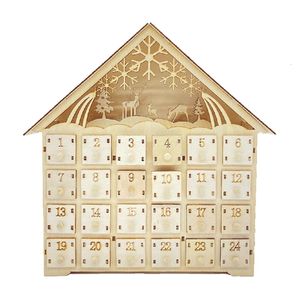 Calendrier C63B Elk Snowflake Calendrier de compte à rebours de Noël en bois LED Lighted Wood House Xmas Party Decor Calendrier de l'Avent 24 Stockage 230203