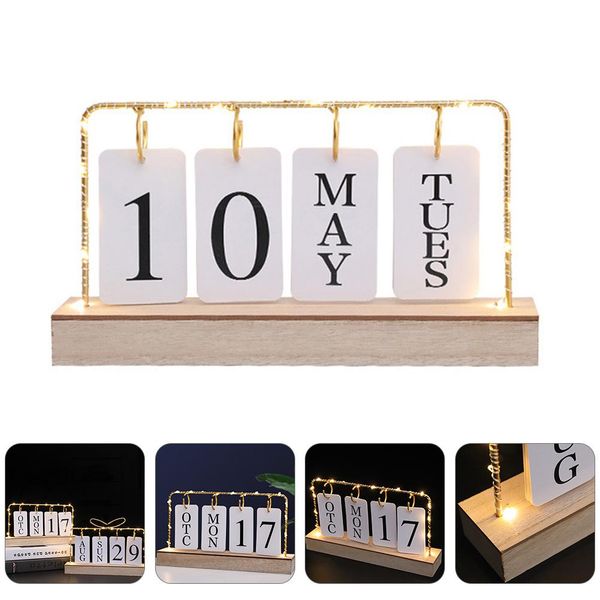 Calendrier Flip Wooden Perpetual Metal Calendar avec Light for Daily Office Home Decor Monthly Weekly Year Planner Bureau de cuisine décor