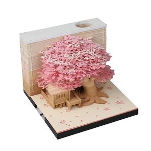 Calendario Omoshiroi Block 3D Memo Note Cute Pink Tree house Regalo de Navidad Papel Sticky Acylic Flip Box Craft Bloc de notas Papelería 231117