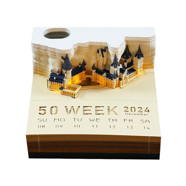 Calendário Omoshiroi Blocos 3D Bloco de Notas Castelo Mágico Memo Pad 2024 Nota Artística Cubos de Papel Presente de Aniversário 231114