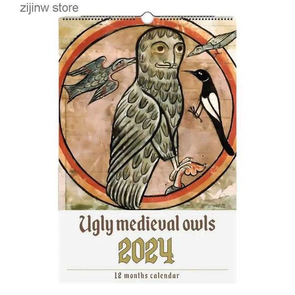 Calendrier Étrange Calendrier Hibou Médiéval 2024 Calendrier Mural Chouette Intéressant Calendrier Mensuel Suspendu Cadeau Calendrier en Papier Épais pour Le Bureau et la Décoration de la Maison Y240322