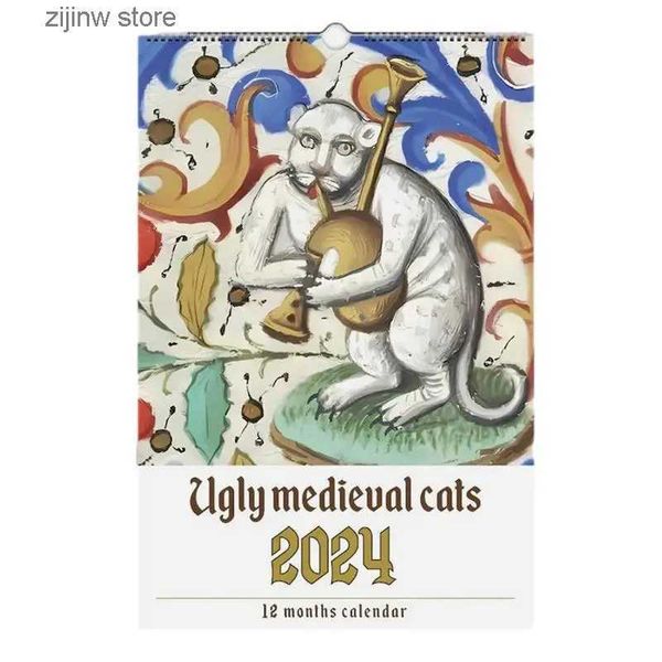 Calendrier Calendrier de chat médiéval laid 2024 Mur Calendrier intéressant Planificateur Calendrier à suspendre Cadeaux uniques pour les amoureux des chats Y240322