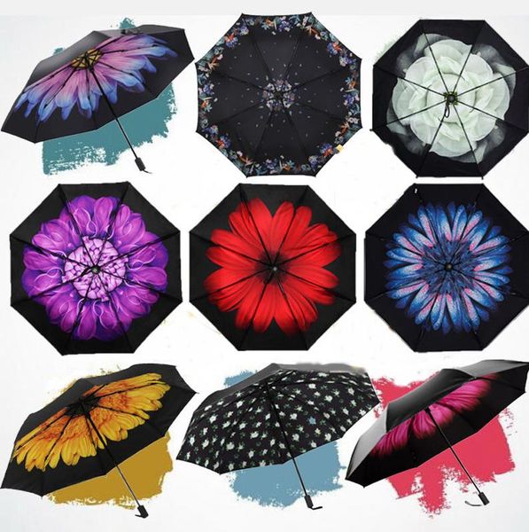 50+ Parapluie de protection solaire anti-uv Blue Sky 3 Parasols pliants Fleurs 3D Blossom Parapluies ensoleillés et pluvieux vêtements de pluie colorés