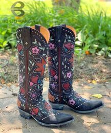 Cowgirls empilés de veau Cowboy Floral Mid 52 Femmes à talons Embroderie Ridding Western Boots Chaussures Big Taille 230807 842