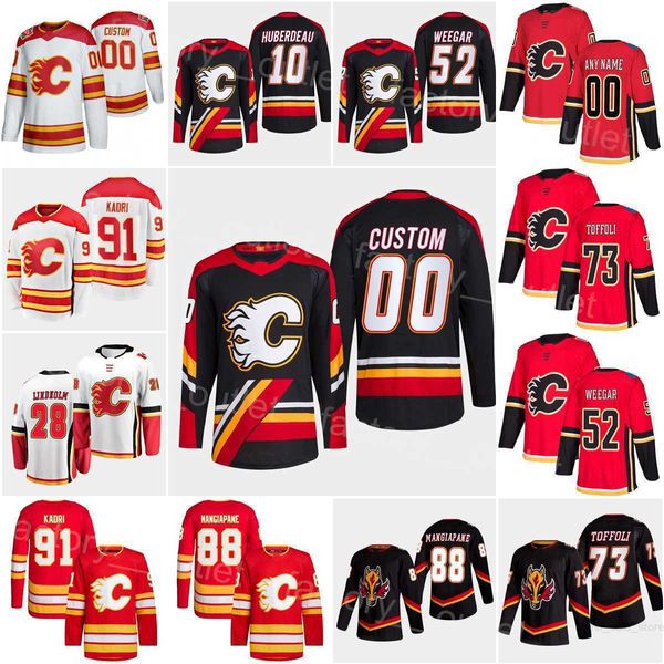 Calgary Hockey Flames 91 Nazem Kadri Jersey 28 Elias Lindholm 88 Andrew Mangiapane 10 Jonathan Huberdeau 52 Mackenzie Weegar Jacob Markstrom ''Nhl''Camisa