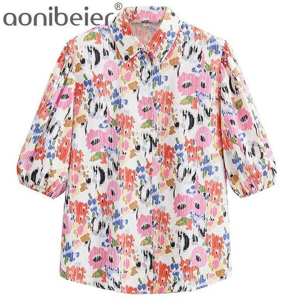 Calico Print Summer Fashion Lantern Sleeve Turn Down Collar Mujeres Blusas casuales Camisas largas sueltas Tops femeninos 210604