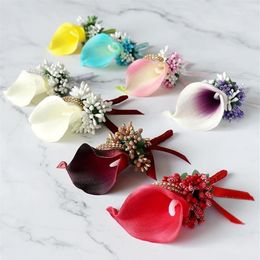 Calla lily Boutonniere flores ramillete Pin Boutonniere ojal hombres boda pulsera dama de honor boda ojal Witness1316c