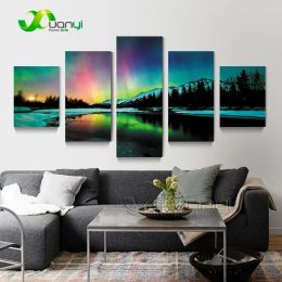 Caligrafía 5 paneles arte de la pared pintura de Aurora Boreal decoración del hogar cuadro de lienzo auroras boreales pintura de lienzo para sala de estar sin marco